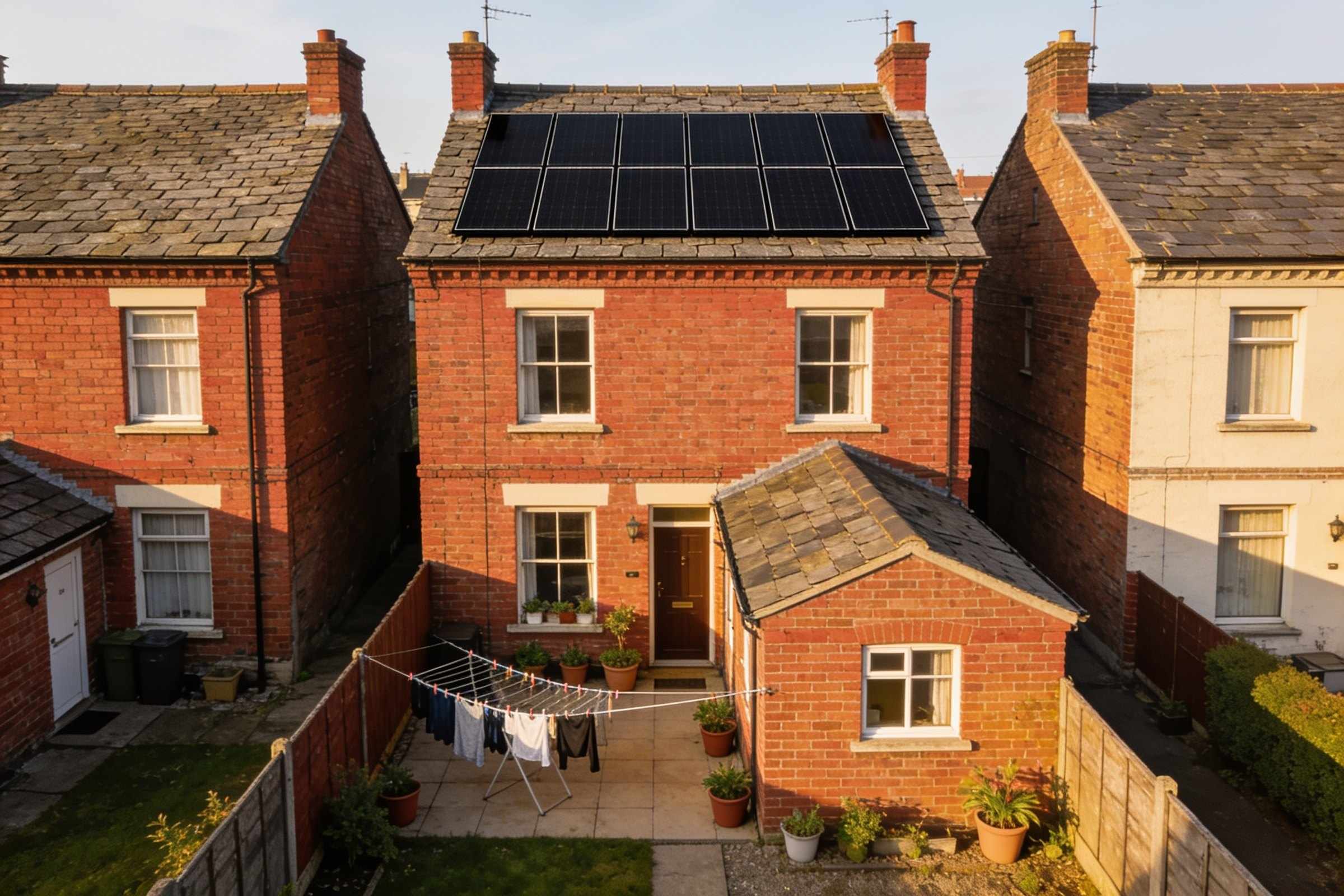 The same terraced house in afternoon sun, a tidy block of eight black solar panels on its rear slate roof