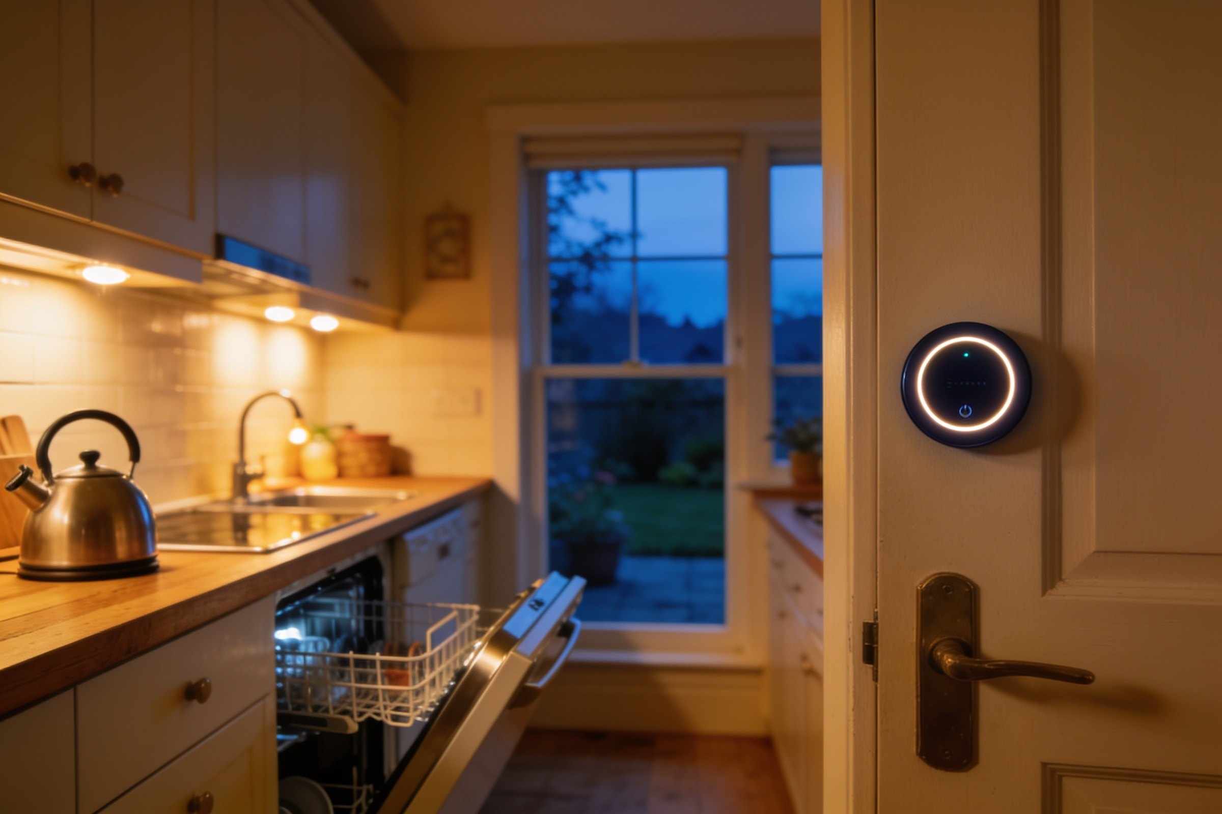 A warm family kitchen at dusk with the lights on, a dishwasher door open, and a small round energy display glowing on the wall by the door
