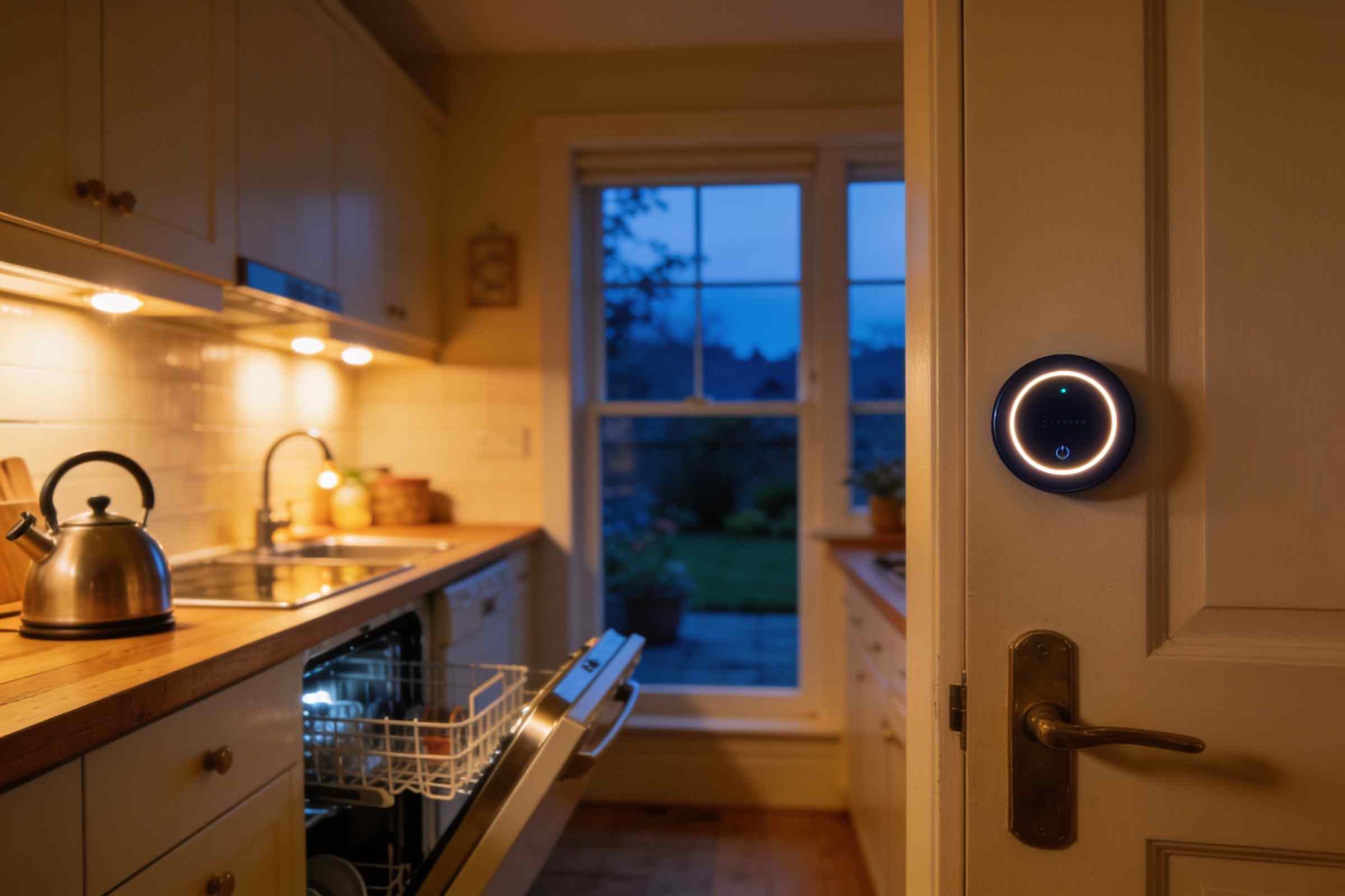 A warm family kitchen at dusk with the lights on, a dishwasher door open, and a small round energy display glowing on the wall by the door