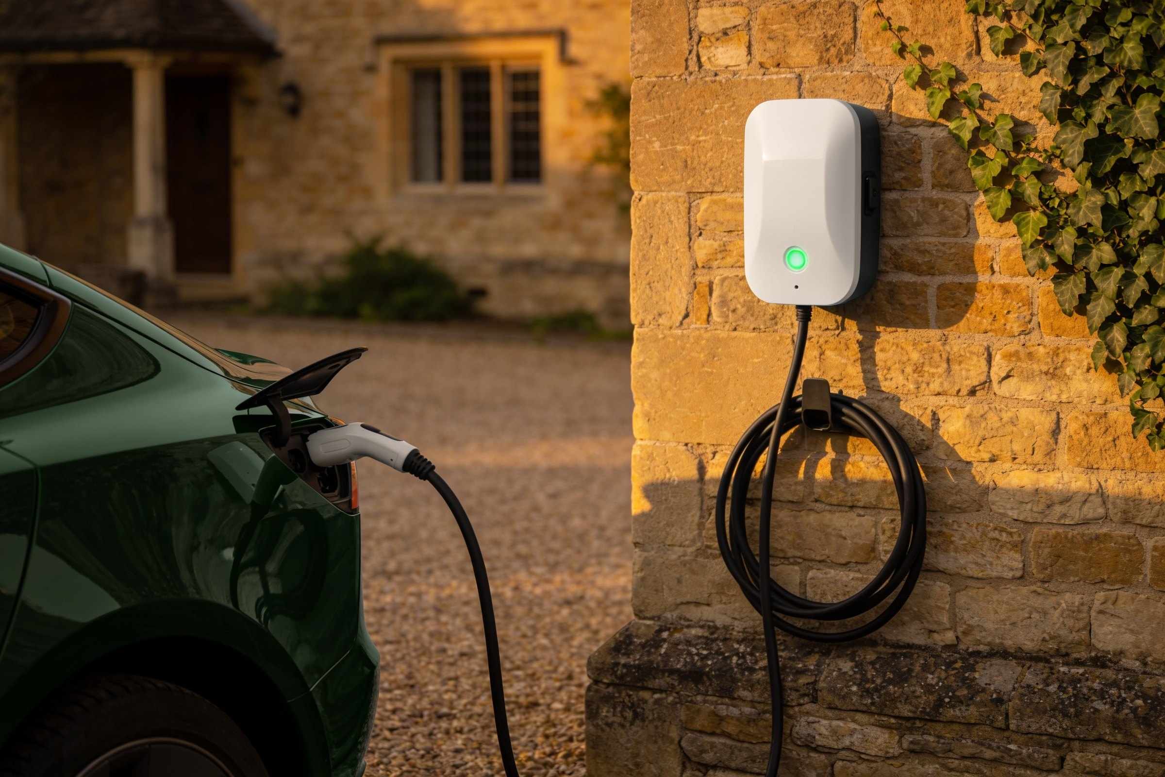 A white wall charger with a green light on a honey stone wall, its cable plugged into a dark green car parked on a gravel drive in evening light