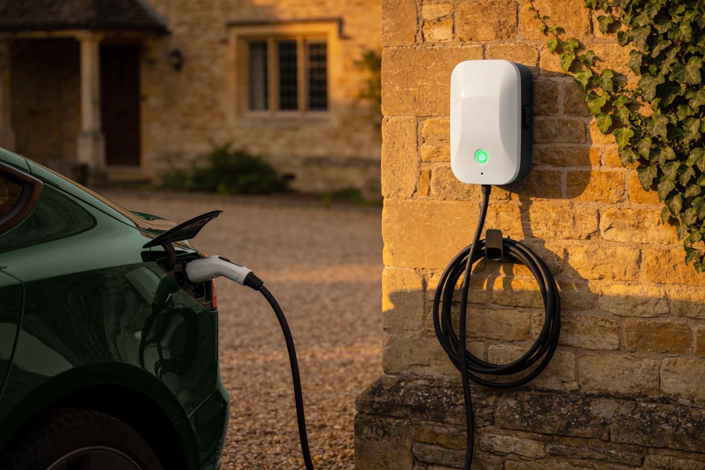 A white wall charger with a green light on a honey stone wall, its cable plugged into a dark green car parked on a gravel drive in evening light