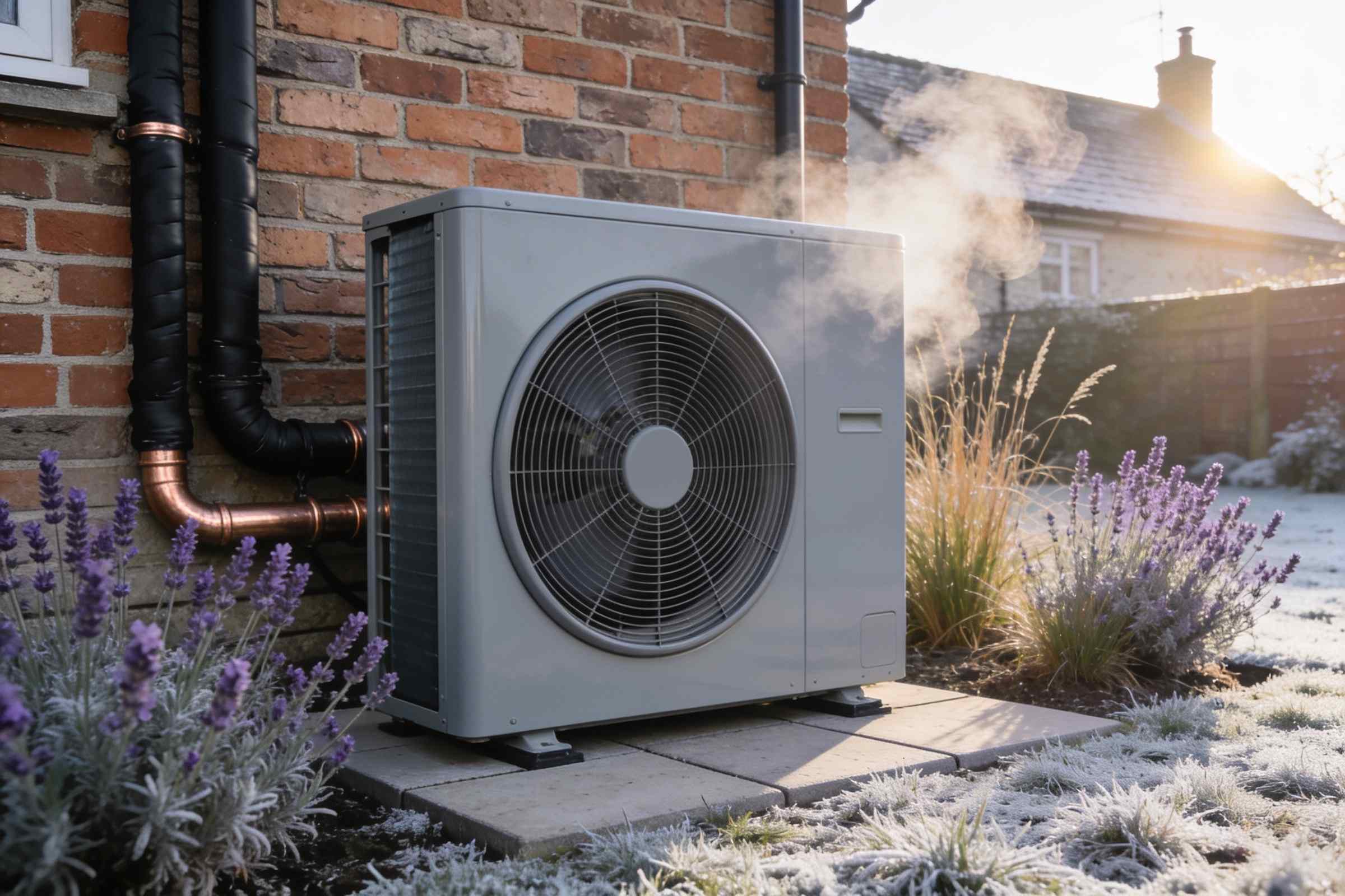 A pale grey air source heat pump on a paved pad beside the brick wall of a cottage on a frosty morning, with lavender around it and a faint breath of vapour