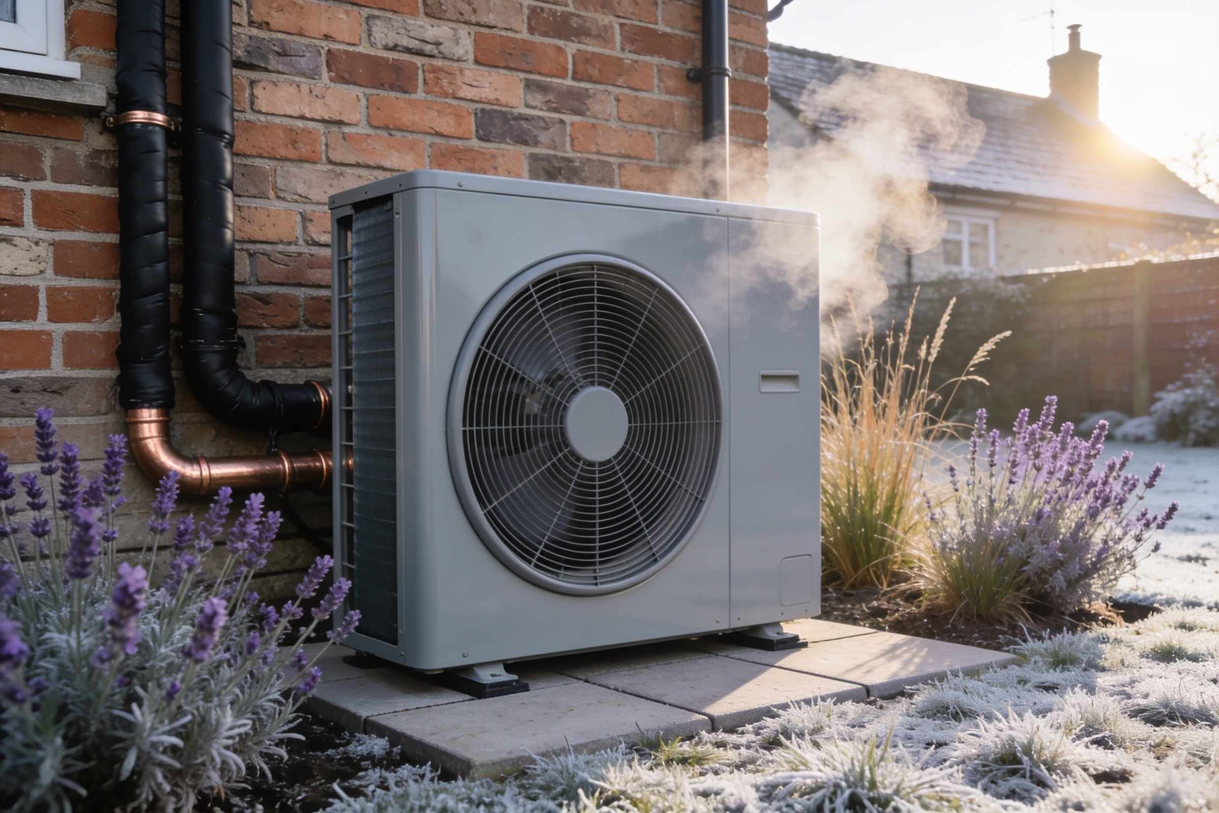 A pale grey air source heat pump on a paved pad beside the brick wall of a cottage on a frosty morning, with lavender around it and a faint breath of vapour