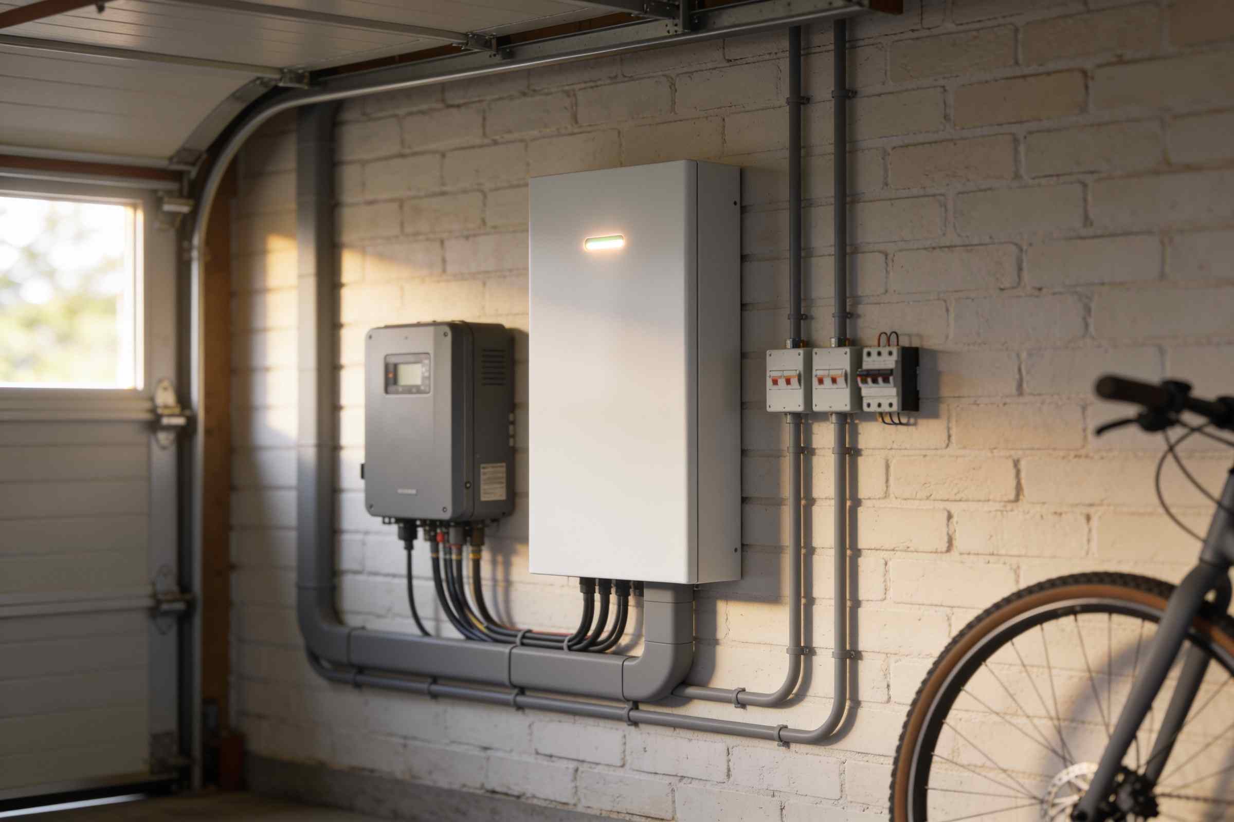 A slim white home battery cabinet beside a grey inverter and isolator switches on a painted brick garage wall, with cables in neat trunking and a bicycle wheel in the corner