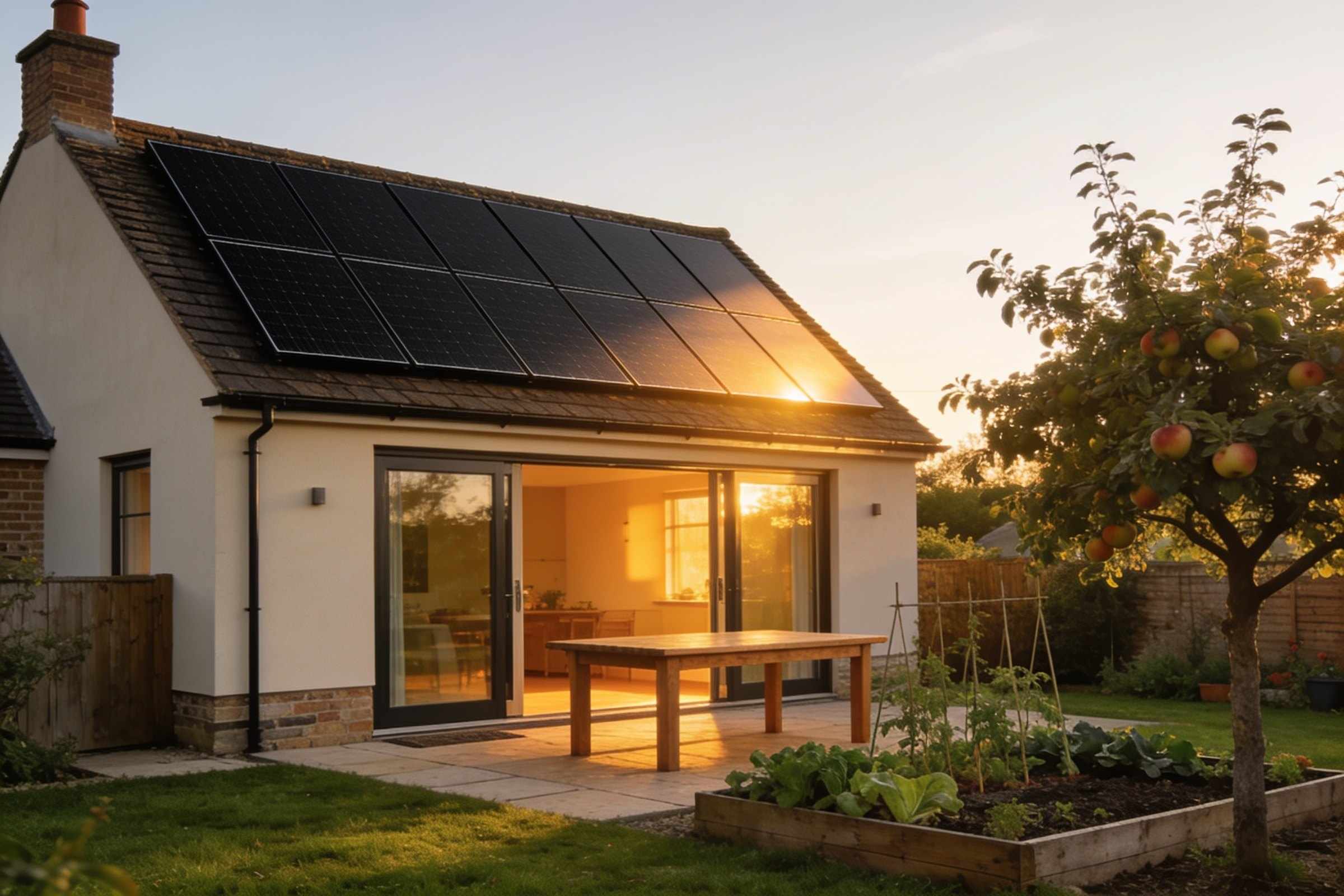 The back of a family house at golden hour, black solar panels on the roof catching the low sun, glazed doors open onto a patio with a wooden table