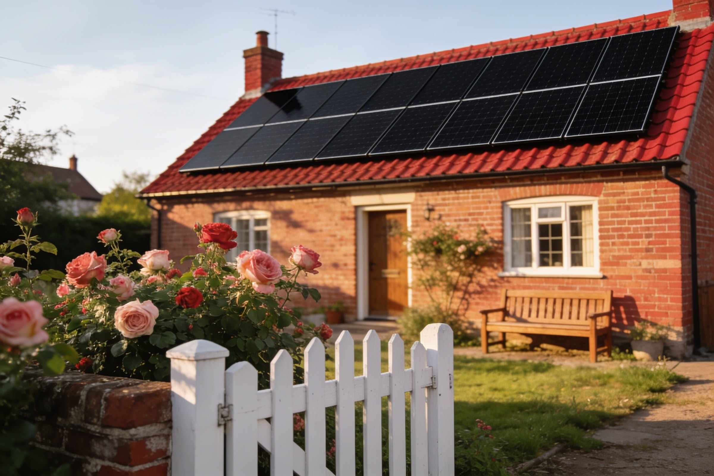 A red brick village house with a red tiled roof carrying black solar panels, roses by a white picket gate and a bench in the sun