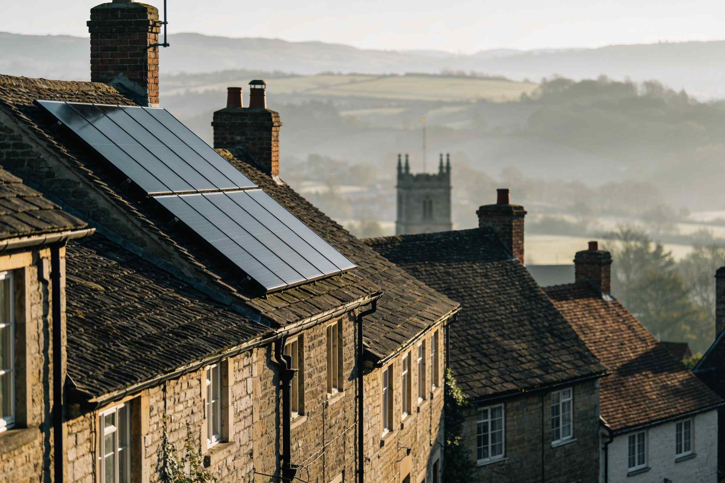 A village street of stone cottages in soft morning haze, several roofs with black solar panels and a church tower in the distance