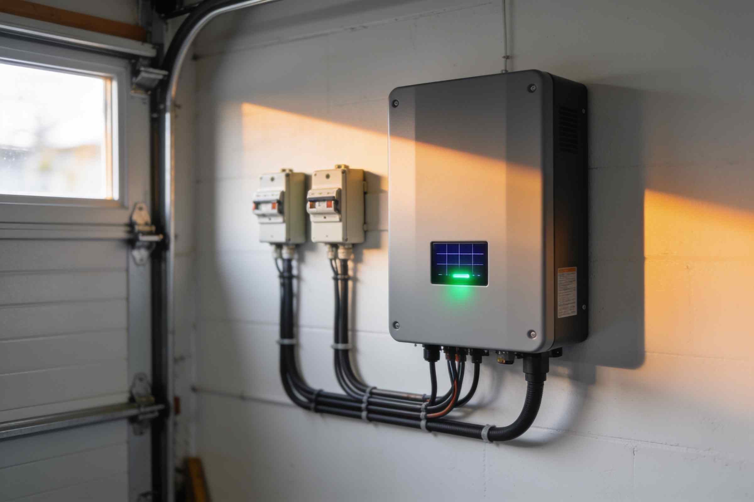 A grey solar inverter with a small display and a green light on a white garage wall, beside two isolator switches, with a stripe of morning sun across the wall
