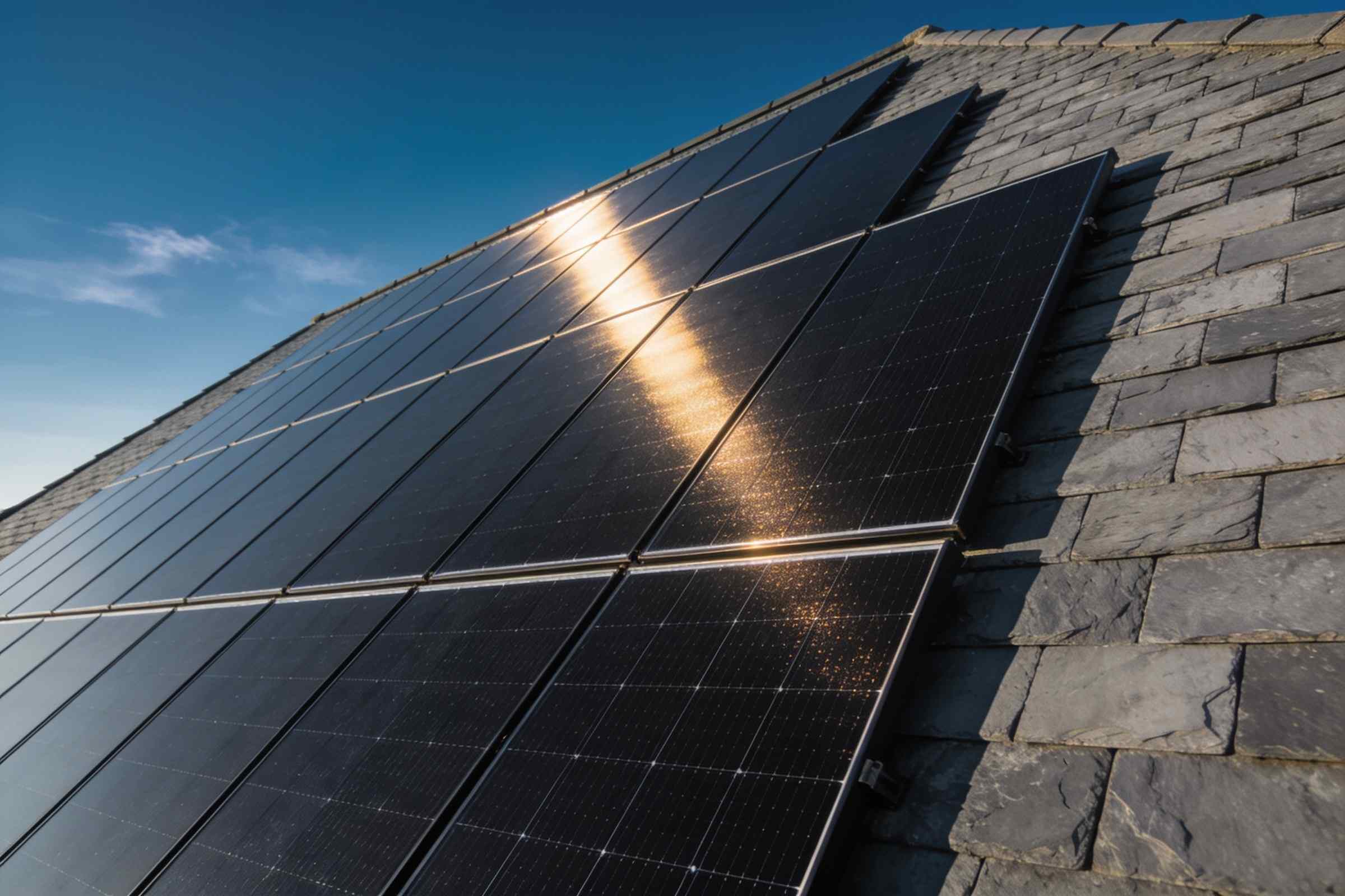 A slate roof covered with all-black solar panels seen from low along the slope, the late afternoon sun raking across the glass under a deep blue sky