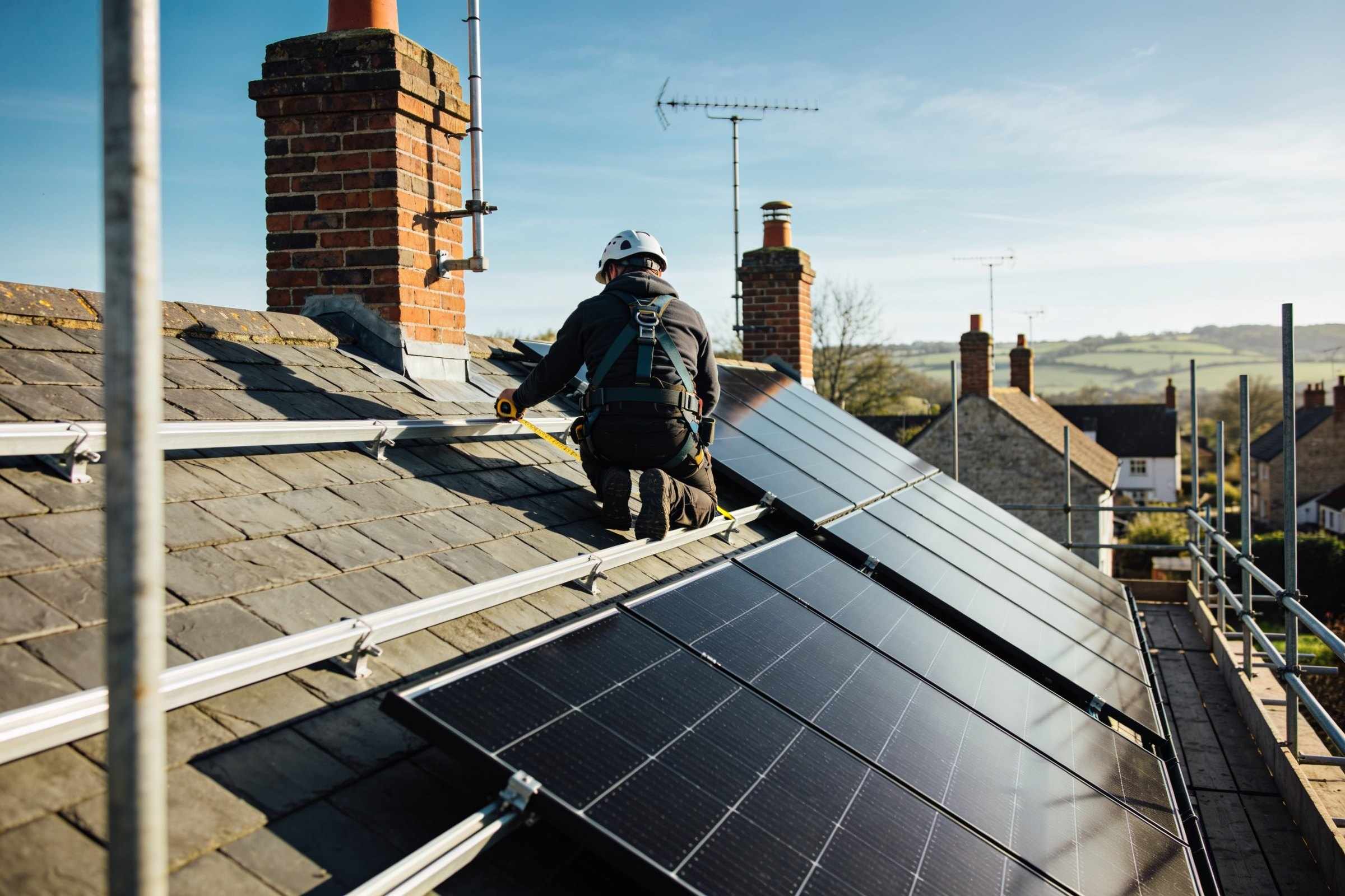 An installer in a hard hat and harness kneeling at the edge of a slate roof with a tape measure, black panels already fitted on the next slope and a village beyond
