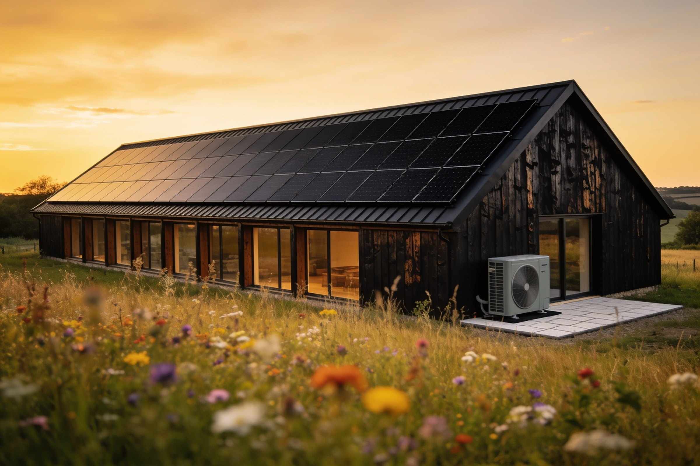The same barn conversion with its long metal roof covered in black solar panels and a pale grey heat pump at the gable end, in a wildflower meadow at golden hour