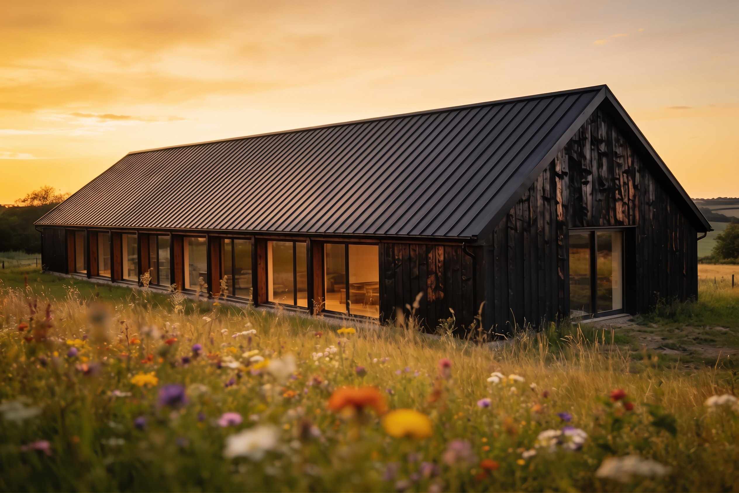 A long barn conversion clad in dark timber with a plain dark metal roof, in a meadow of wildflowers at golden hour