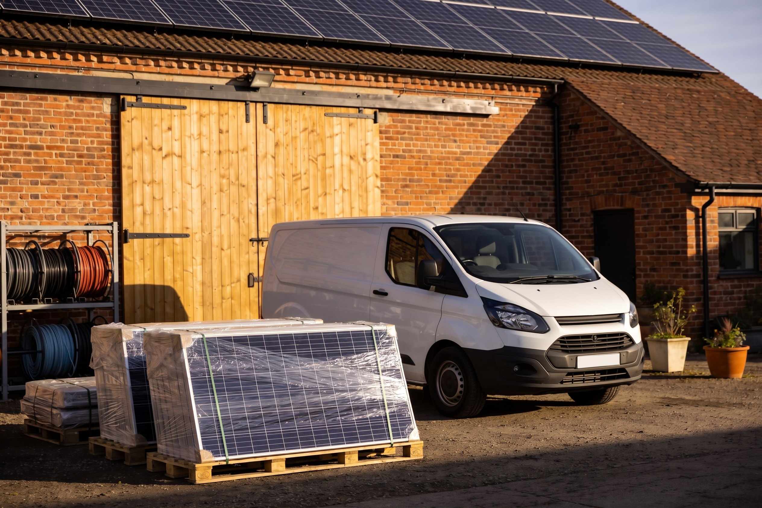 A brick workshop with a big timber door in the morning sun, a white van parked in front and pallets of solar panels wrapped in clear film beside cable reels